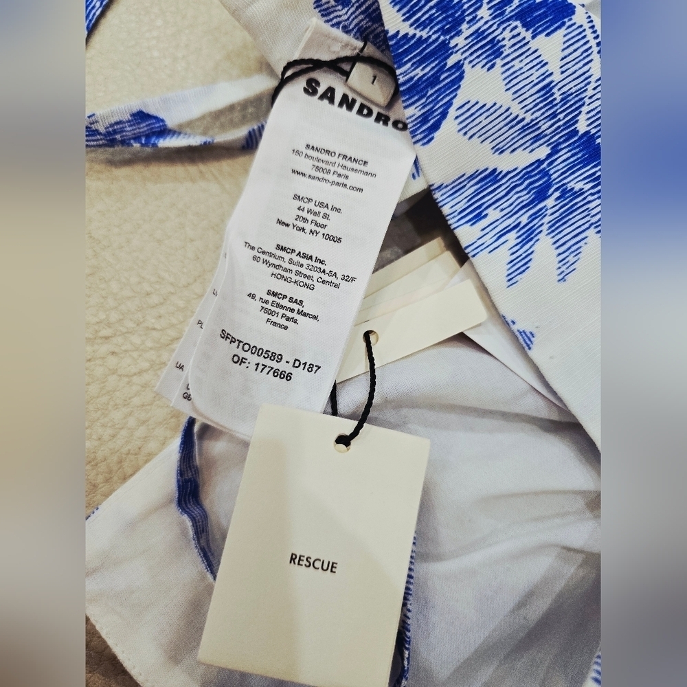 SANDRO Floral Blue WHITE CROP Bralette Top LINEN VISCOSE lined Size 1 S - Picture 8 of 15